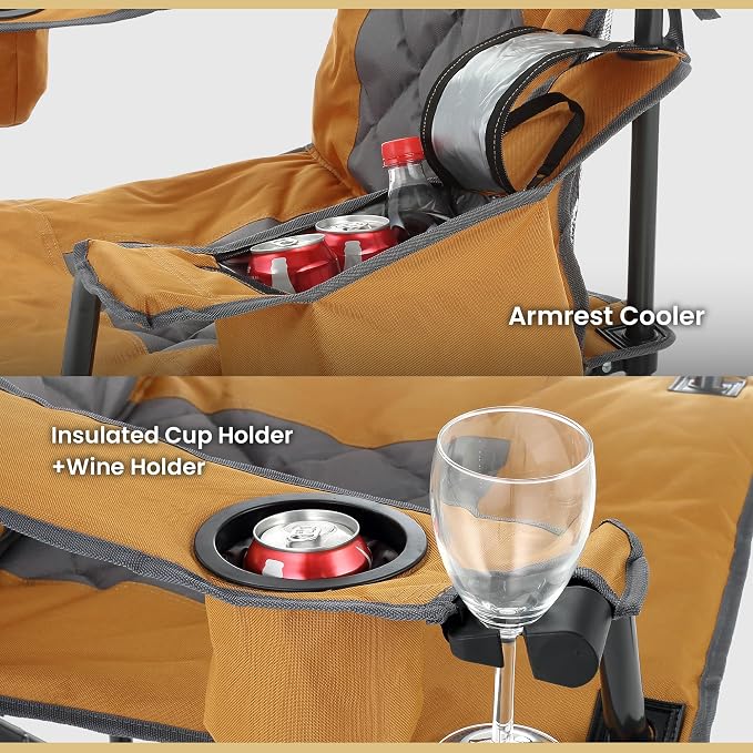 ARROWHEAD OUTDOOR Portable Deluxe Folding Camp Quad Chair w/Headrest, Glass & Cup Holders, Armest 6-can Cooler, Heavy Duty Carry Bag, 550 lbs Weight Capacity