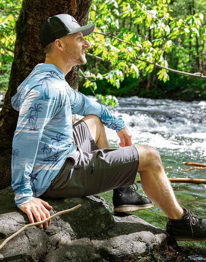Pudolla Men's Sun Protection Hoodie Shirts UPF 50+ Rash Guard SPF Long Sleeve Fishing Shirt for Men Swim Hiking Boating