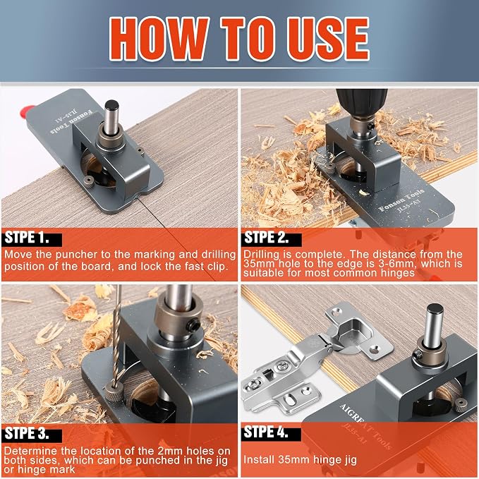 Metal Concealed Hinge Jig, 35MM Cabinet Hinge Jig Drilling Hole Puncher with Quick Clamp， Accurate Hinge Drill Jig Woodworking Tool for Doors Cabinets Hinges Mounting (Gray)