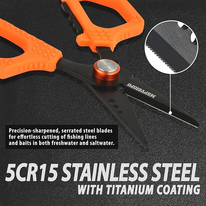 Pro Fishing Shears 4.7'' (12 cm), Dual Serrated Blades, Titanium-Coated Braided Line Scissors with Non-Slip Grip & Multifunction Tool, Includes Zinger Retractor (Orange, 4.7'' (12 cm))