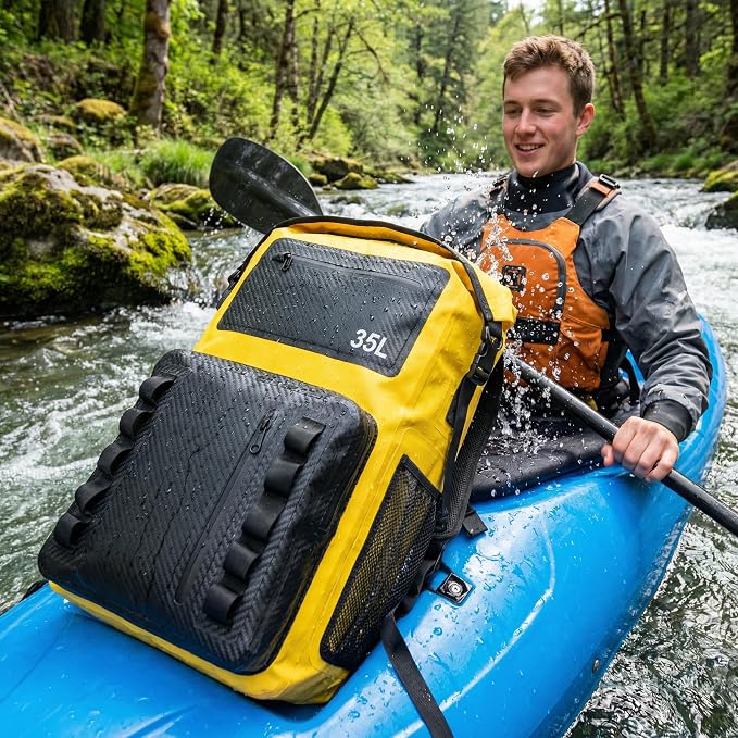 Greencity 100% Waterproof Roll-Top Dry Bag Backpack with Front Splash-Proof Pocket, Lightweight Floating Pack for Kayaking, Hiking & Travel,35L (Yellow-black)