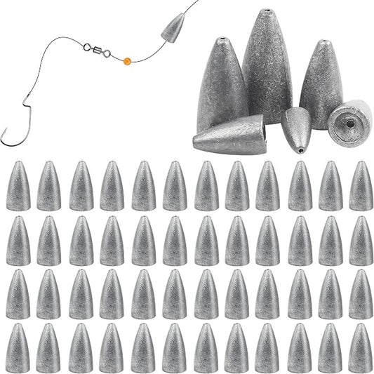 Fishing Weights Sinkers, 50pcs Bullet Fishing Sinkers Worm Weights Slip Sinkers Sliding Fishing Weight for Bass Fishing Pitching and Flipping Texas Rig Saltwater Freshwater Fishing Tackle