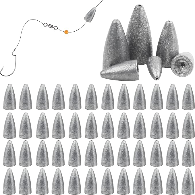 Fishing Weights Sinkers, 50pcs Bullet Fishing Sinkers Worm Weights Slip Sinkers Sliding Fishing Weight for Bass Fishing Pitching and Flipping Texas Rig Saltwater Freshwater Fishing Tackle