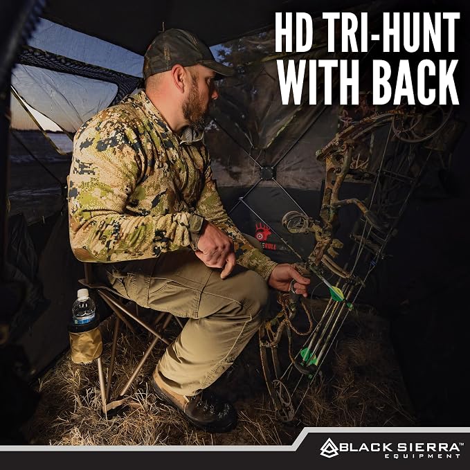 Black Sierra HD Tri-Hunt with Back Hunting Stool, Foldable Tripod Seat w/Steel Frame Supports 300 Lbs, Heavy Duty Fishing Chair Features Cup-Holder & Carry Shoulder Strap, for Camping