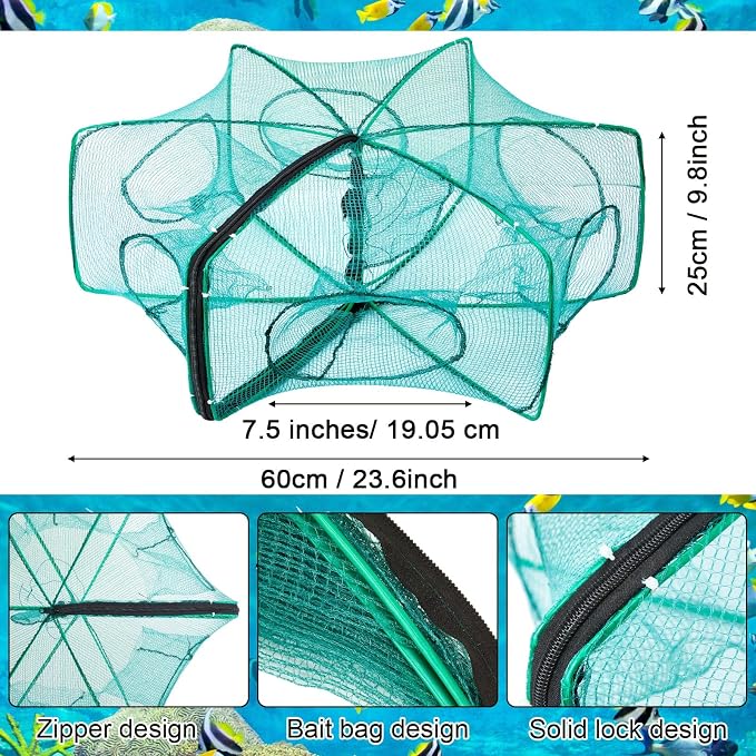 Woanger 3 Pcs Minnow Trap, Include 2 Fishing Bait Trap 1 Cylindrical Hexagon Crab Crawfish Trap, Lobster Shrimp Collapsible Cast Nets Portable Folded Fishing Accessories,12x21.65 Inches