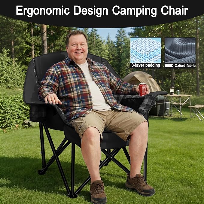 Youtanic Oversized Extra Large Padded Camping Chair, Heavy Duty 400 lbs Foldable Lawn Chair, Ergonomic Outdoor Seat with Plaid Design, Cup Holders & Storage Pockets for Fishing, Sports, Black