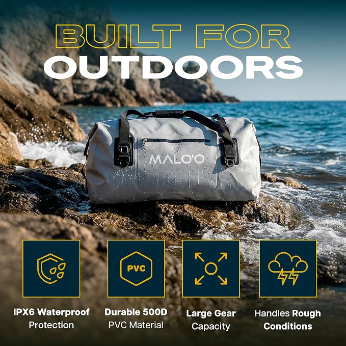 Malo’o Waterproof Dry Duffel, Heavy-Duty Roll Top Waterproof Gear Bag with Shoulder Strap & Molle Loops, Marine Duffel for Kayaking, Boating, Camping, Beach & Travel, Grey, 40L