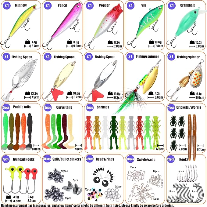 EXAURAFELIS Fishing Lures,Tackle Box with Tackle Included, Crankbaits, Spoon, Shrimp Worm Bait, Hooks,Weights & Other Accessories, Fishing Lures kit Lure Set for Bass Trout Salmon