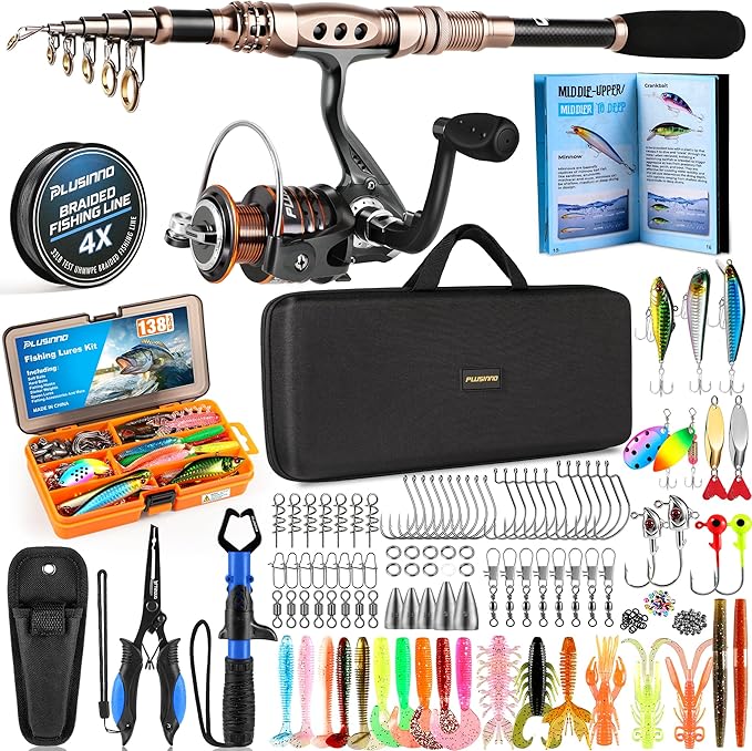 PLUSINNO Fishing Rod and Reel Combo with Telescopic Fishing Pole, Portable Travel Fishing Rods Kit with Tackle Box Carrier Bag & Manuals, Fishing Gear Tool Kit for Freshwater, Fishing Gifts for Men
