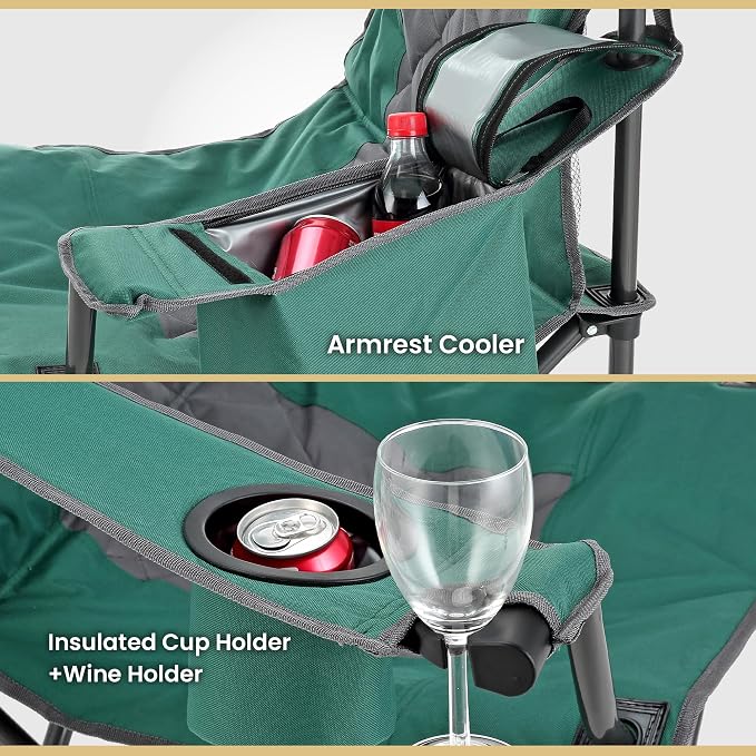 ARROWHEAD OUTDOOR 2-Pack Portable Deluxe Folding Camp Quad Chair w/Headrest, Glass & Cup Holders, Armest 6-can Cooler, Heavy Duty Carry Bag, 550 lbs Weight Capacity