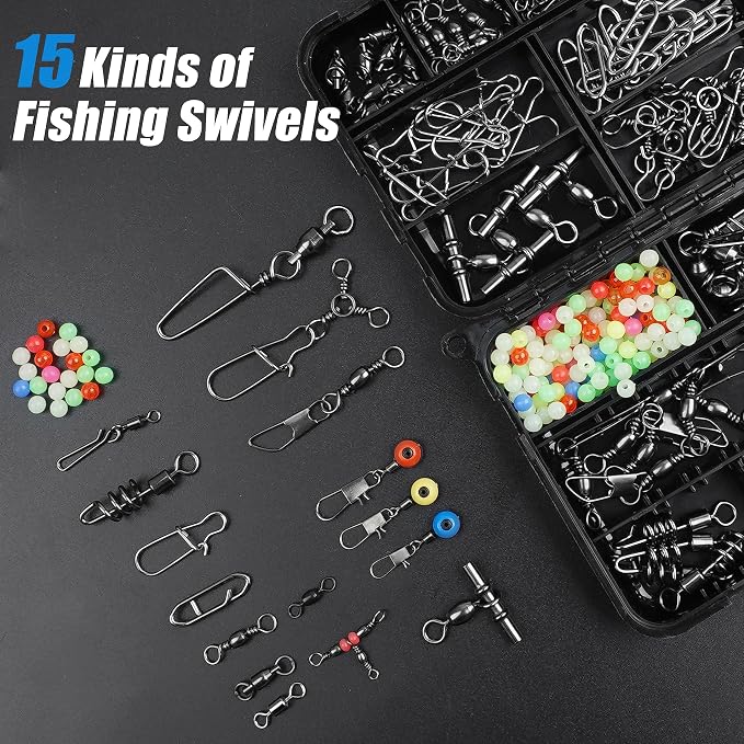 SILANON Fishing Swivels Tackle Kit, 174pcs Include Barrel Swivels,Sinker Slides,3 Way Swivels,Duo Lock Snaps,Barrel Snap Swivels Fishing Tackle Box Set for Bass Trout Saltwater Freshwater