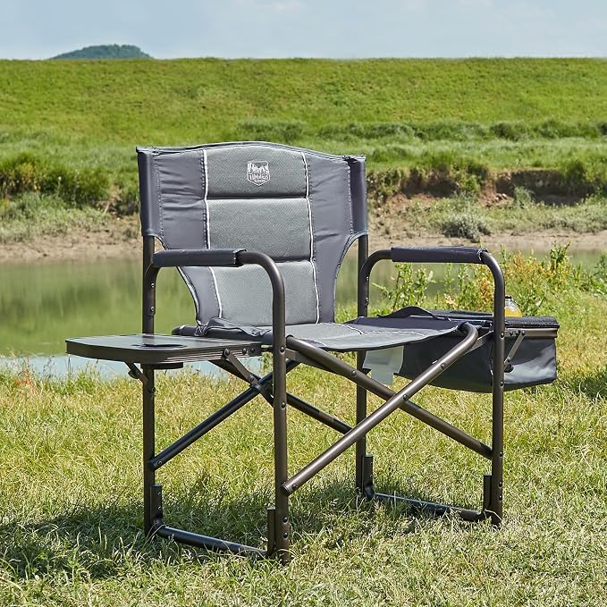 TIMBER RIDGE Lightweight Camping Chair, Portable Laurel Director's Chair with Foldable Side Table, Cooler Bag & Mesh Pocket, Compact Outdoor Folding Lawn Chair, Supports 300lbs, Grey