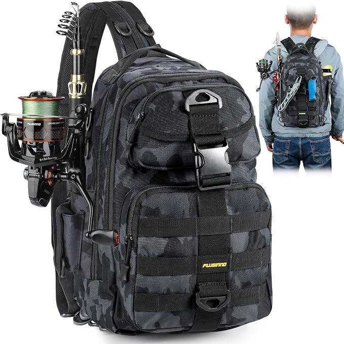 PLUSINNO Fishing Backpack, Fishing Bag, Waterproof Fishing Sling Tackle Bag For Fishing Gear With Rod Holder, Fishing Gifts for Men