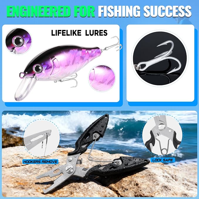 PLUSINNO Fishing Lures Fishing Tackle Box Fishing Gifts for Men, Bass, Trout Fishing Accessories Kit for Saltwater & Freshwater Fishing Gear Including Topwater Lures, Hooks, Spinnerbaits