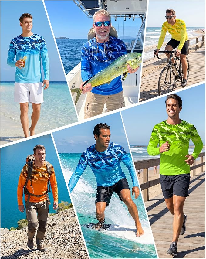 FISHEAL Men's Long Sleeve Fishing Shirts, UPF 50+ Camo Sun Protection Rash Guard, UV Shirt for Swimming Hunting Outdoor