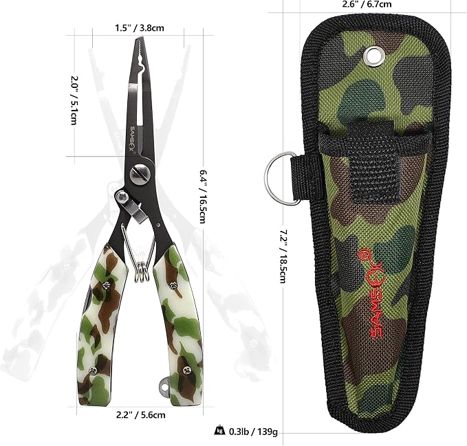 SAMSFX Locking Fishing Pliers Saltwater Resistant Teflon Coated Briad Line Cutters with Wire Coiled Lanyard, Sheath & Quick Knot Tool Combo