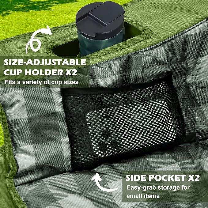 Youtanic 60" Extra Double Camping Chair, 700lbs Heavy Duty Padded Loveseat for Adults, Oversized 2 Person Folding Camp Couch with Dual Cup Holders, Portable Plaid Lawn Chair for Outside, Sports, Green
