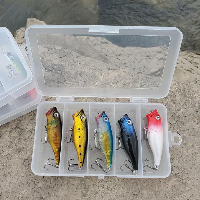 Topwater Popper Fishing Lures 5-Pack, 1/4 oz Hard Baits for Bass Trout Panfish, Vibrant Multi-Color Assortment with Premium Hooks, Topwater Fishing Lures for Freshwater River Lake Fishing