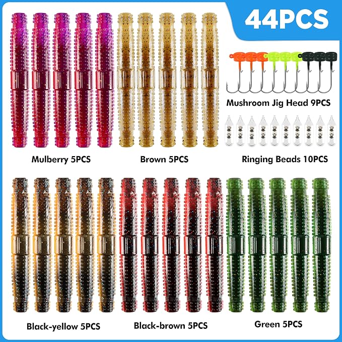 PLUSINNO Wacky Worm Fishing Lure Kit, Soft Plastic Fishing Lures, Grub Baits Hook Wacky Rig Bass Trout Fishing Worms Lures w/Tackle Box