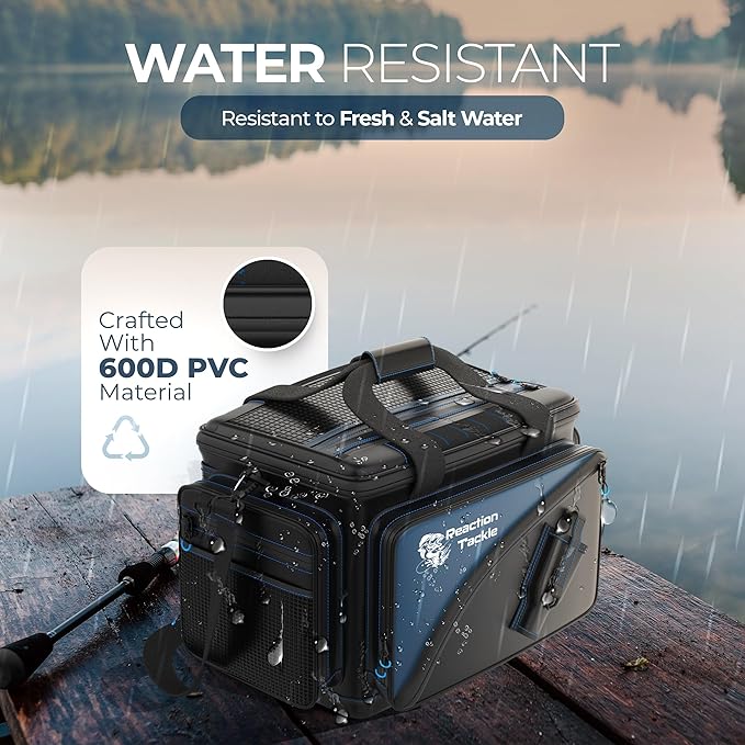 Reaction Tackle Fishing Tackle Bag – Salt Water Resistant Fishing Bag, 1000D PVC Waterproof Material, Tackle Box Organizer with Dividers for 3600 or 3700 Trays