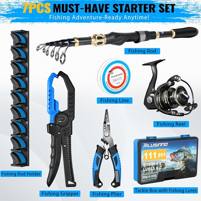PLUSINNO Fishing Gear,Full Fishing Pole kit Include Fishing Rod and Reel Combo, Tackle Box with Fishing Lures, Fishing Accessories, Fishing Pliers,Fishing Gifts for Men with Fishing Tool Kit
