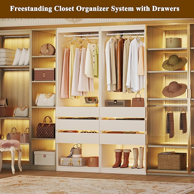 Freestanding Closet System Set of 4, 8FT Closet Organizer System with 12 Wood Drawers & Glasstop, 96" Closet Systems with Hanging Rod & LED Light, Large Walk-in Closet, White (96"L x 16" W x 80" H)