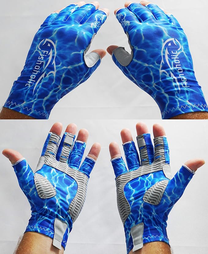 Fishoholic UPF50+ Fingerless Fishing Gloves - Sticky Grip Sun Protection Glove - Kayaking Paddling or Rowing