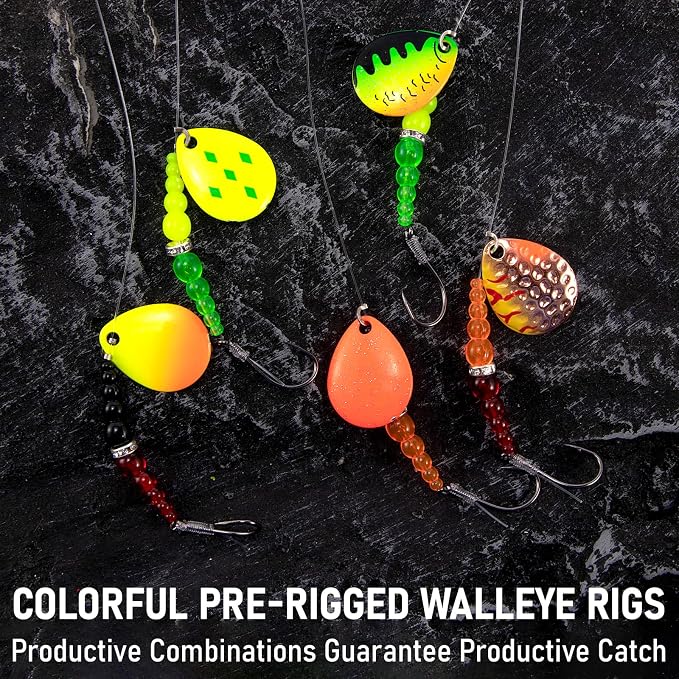 Alwonder 5PCS Walleye Rigs Wedding Ring Fishing Lures, Colorado Blades Stacked Fishing Beads Octopus Hooks Pre-Rigged Bait Rig, Crawler Harness Walleye Kokanee Salmon Spinner Rigs Kit 46IN 30LB Mono