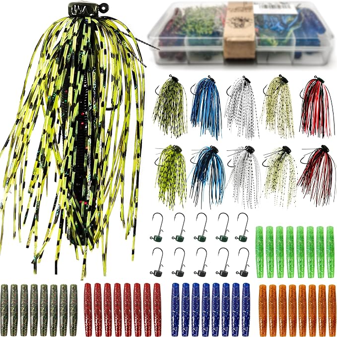 Ned Rig Jig Heads Soft Plastic Worms Fishing Lures Kit, 60/50/10 Pcs Weedless Skirted Mushroom Ned Rigs Jighead Hooks Stick Baits Bass Fishing Lures for Freshwater Saltwater