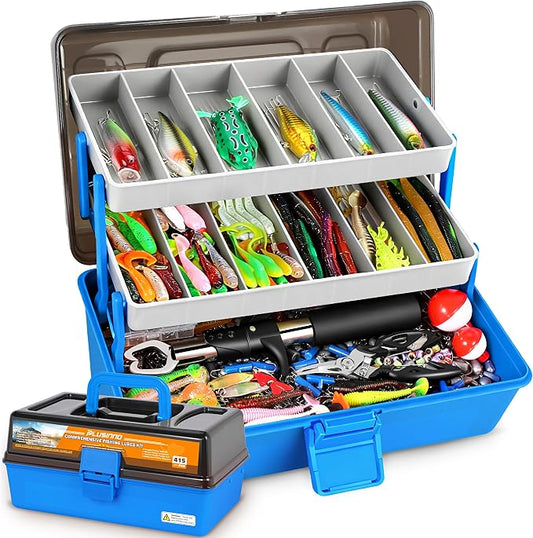 PLUSINNO Large 3 Layers Fishing Tackle Box with Tackle Included, 415Pcs Fishing Lures Kit Contains Pliers, Crankbait, Weights, Accessories, Portable Fishing Gear Gifts for Men Starter Kits Bass Trout