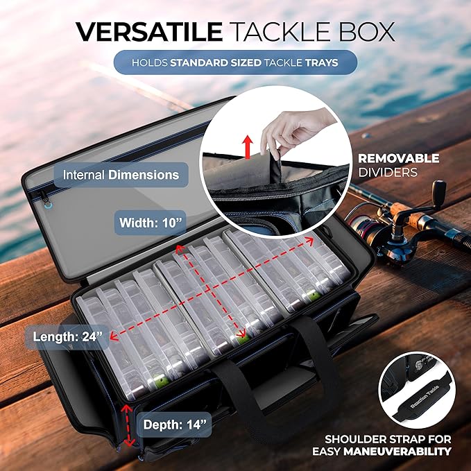 Reaction Tackle Fishing Tackle Bag – Salt Water Resistant Fishing Bag, 1000D PVC Waterproof Material, Tackle Box Organizer with Dividers for 3600 or 3700 Trays