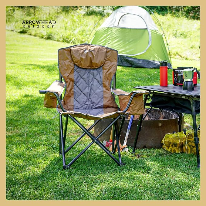 ARROWHEAD OUTDOOR Deluxe Folding Camp Chair – 550lb Capacity Heavy-Duty Quad Chair with Integrated Cooler, Headrest, and Dual Cup Holders.