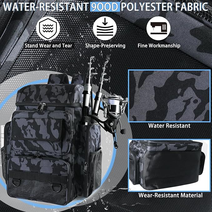 Fishing Backpack with 4 Tackle Boxes, 45L Large Tackle Bag & Fishing Tackle Backpack for Fishing, Camping, Hiking,Camouflage