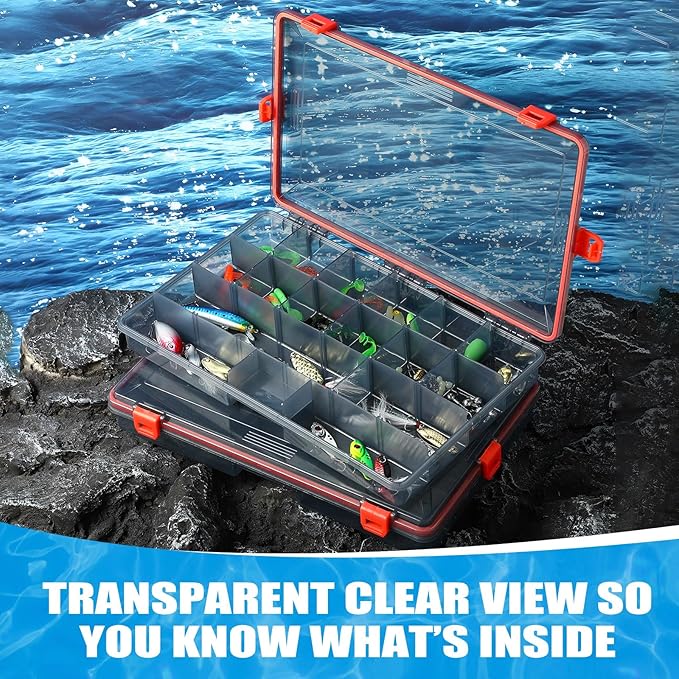 Wonderjune 6 Pack Fishing Tackle Boxes Waterproof 3600 and 3700 Tackle Trays with Removable Dividers Plastic Storage Organizer Bait Vault Camouflage Box for Freshwater Saltwater (Orange,3700)