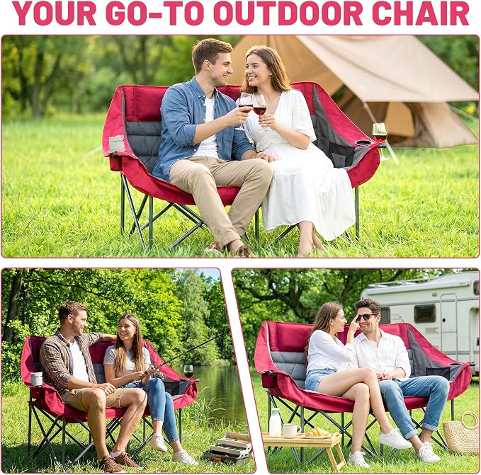 Youtanic Oversized Extra Large Double Padded Camping Chair up to 660lbs, Folding Loveseat Camp Couch with Pocket, Carry Bag, Portable Camping Chairs for Adults, Fishing, Sports, Trip, Red