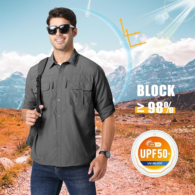 MAGCOMSEN Men's UPF 50+ Sun Protection Shirts, Button Down Long Sleeve Shirt for Hiking, Fishing, Safari