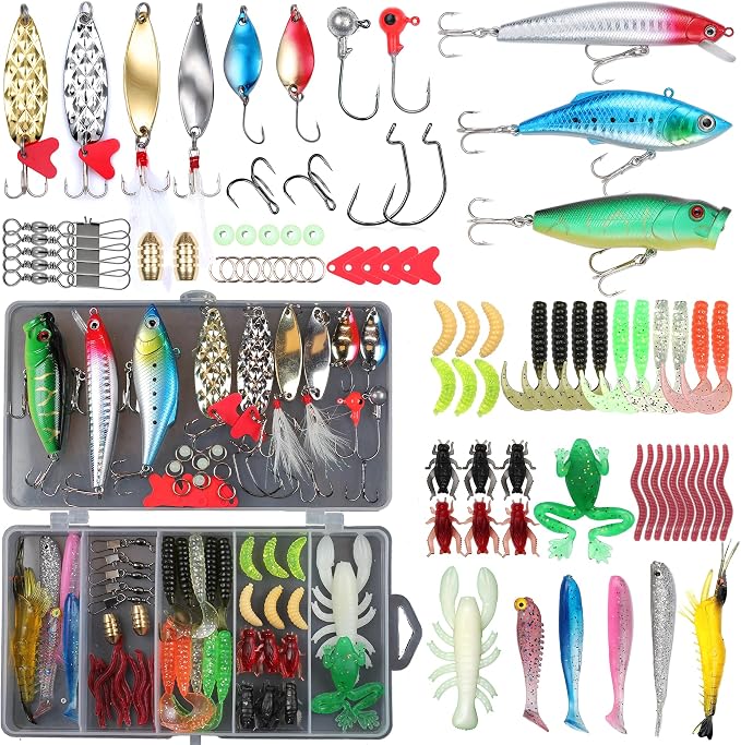 EXAURAFELIS Fishing Lures,Tackle Box with Tackle Included, Crankbaits, Spoon, Shrimp Worm Bait, Hooks,Weights & Other Accessories, Fishing Lures kit Lure Set for Bass Trout Salmon