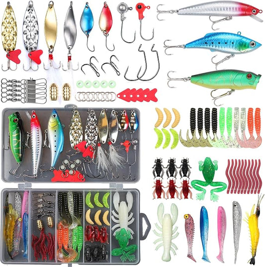 EXAURAFELIS Fishing Lures,Tackle Box with Tackle Included, Crankbaits, Spoon, Shrimp Worm Bait, Hooks,Weights & Other Accessories, Fishing Lures kit Lure Set for Bass Trout Salmon