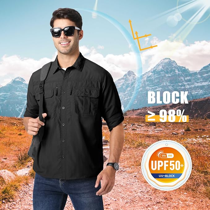 MAGCOMSEN Men's UPF 50+ Sun Protection Shirts, Button Down Long Sleeve Shirt for Hiking, Fishing, Safari