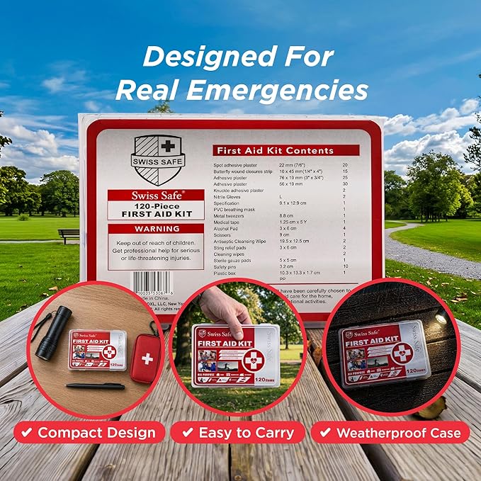 Swiss Safe Mini First Aid Kit – 120 Pcs Compact Hard Shell Medical Kit for Home, Car, Travel, Camping, Hiking, Sports, Office & Outdoor Emergencies, Small Hardcase FAK