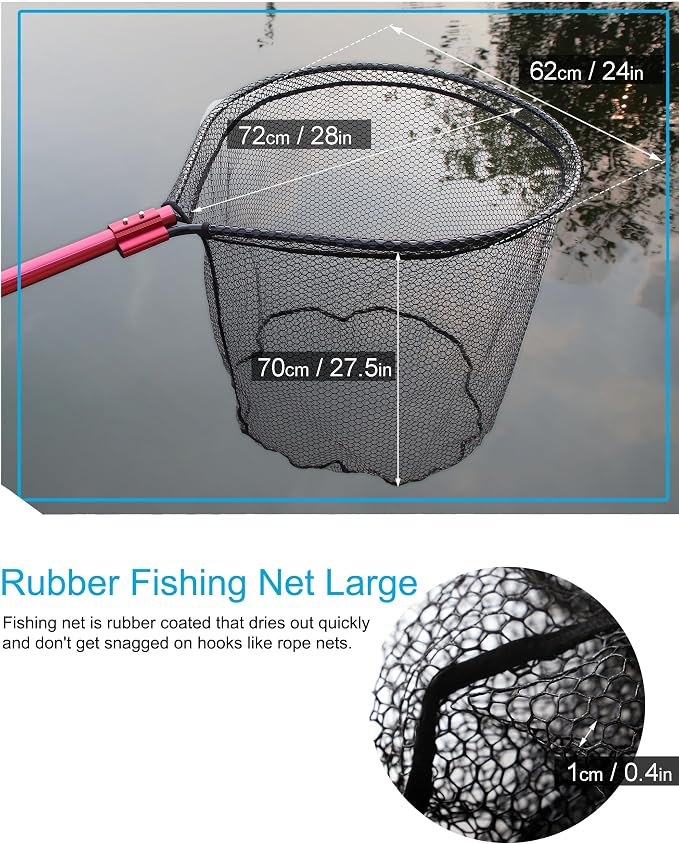 Large Rubber Fishing Net Heavy Duty Extra Large Aluminum Landing Net for Saltwater Fish Net Telescoping Handle with 6pcs Soft Jig Swimbait, Extends to 72-94in