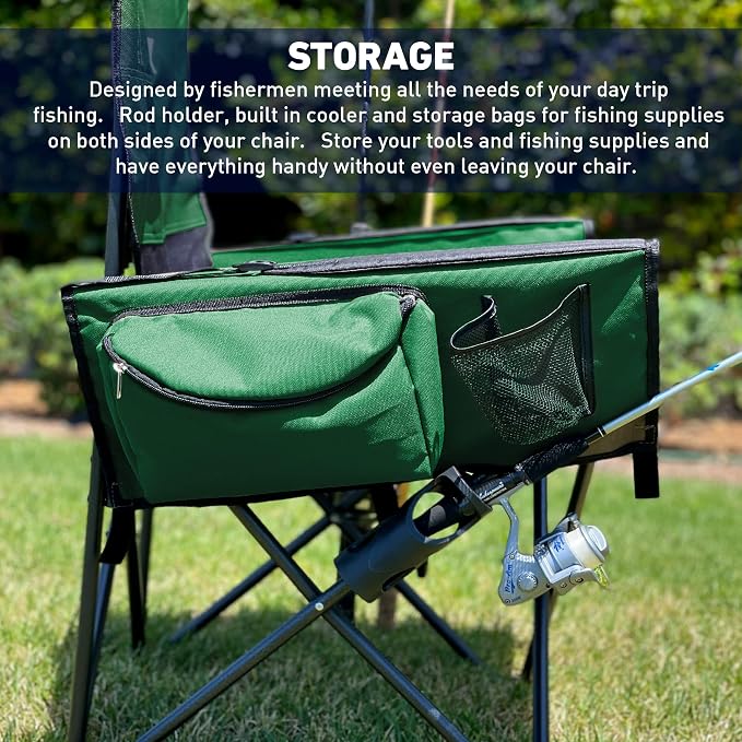 EASYGO PRODUCTS Fishing Chair with Rod Holder – Built in Cooler – Hands Free Fishing Pole Holder - Storage Pouch – Full Size Portable & Folding – Ruler for Measuring Fish, Fishing Chair Green