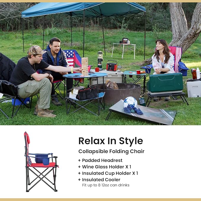 ARROWHEAD OUTDOOR 2-Pack Portable Deluxe Folding Camp Quad Chair w/Headrest, Glass & Cup Holders, Armest 6-can Cooler, Heavy Duty Carry Bag, 550 lbs Weight Capacity