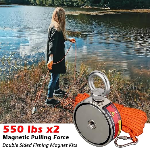 MUTUACTOR Neodymium Fishing Magnet,Double Sided Combined 1100lbs Powerful Fishing Magnet Heavy Duty with 65Ft Salvage Rope,Durable Gloves,Waterproof Bag for Retrieving Tools Find Treasure
