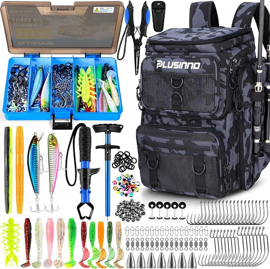 PLUSINNO Fishing Backpack with Tackle Boxes,Fishing Gear,42L Waterproof tackle Backpack with Rod Holders,Lures,Tools,Pliers & Accessories, Fishing Gifts for Men