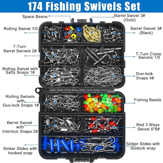 SILANON Fishing Swivels Tackle Kit, 174pcs Include Barrel Swivels,Sinker Slides,3 Way Swivels,Duo Lock Snaps,Barrel Snap Swivels Fishing Tackle Box Set for Bass Trout Saltwater Freshwater