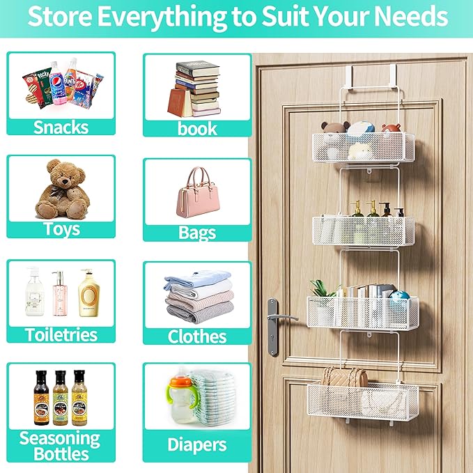 HapiRm Over Door Organizer Storage - Separable Door Organizer Hanging with 4 Metal Large Capacity Baskets for Bathroom Bedroom Kitchen Pantry Closet (White)