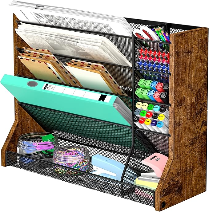 Wall Desk File Organizer 5 Tiers, Ironwood Hanging File Organizer with R-shaped Tray, Wall File Holder for Office Home, 4 Pull-Out Divider and Pen Slots to Sort File,Mail,Newspaper,Pen, Brown