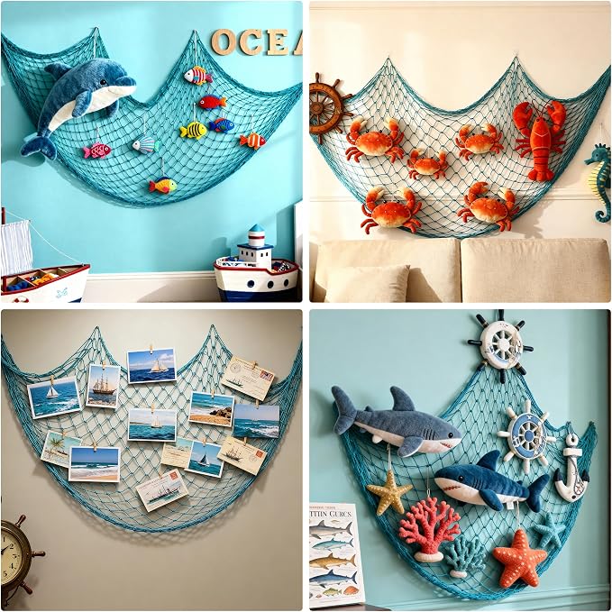 Decorative Fishing Net 2 Pack, 5x10 ft Large Aqua Fish Net Decor for Wall, Photo Display, Nautical Mermaid Pirate Ocean Themed Beach Hawaii Under the Sea Party Decorations