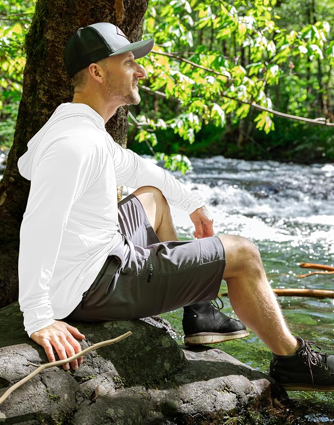 Pudolla Men's Sun Protection Hoodie Shirts UPF 50+ Rash Guard SPF Long Sleeve Fishing Shirt for Men Swim Hiking Boating